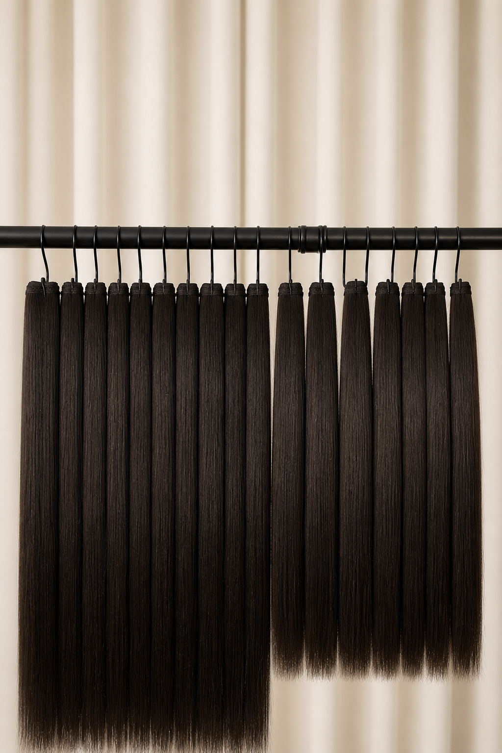 Straight black hair bundles hanging from clips against a cream wall
